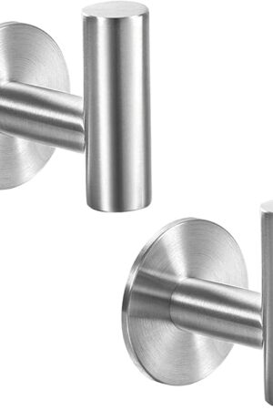 Vuzvuv Adhesive Brushed Nickel SUS304 Stainless Steel Towel Hooks – Heavy Duty Waterproof, Self-Adhesive Coat Robe Hook for Bathroom, Kitchen, Hotel (2-Pack)