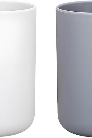2 Pieces Plastic Bathroom Tumbler Cup Toothbrush Holder Organizer Tumbler Cups for Bathroom Vanity,300ml(White & Grey)