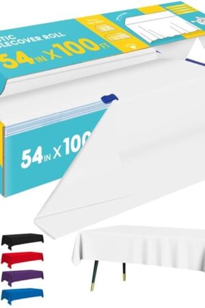 White Plastic Table Cover Roll - 54IN x 100FT, Table Cloth for Rectangle Table with Slide Cutter, Plastic Table Cloth Disposable with Cut-to-Size Design for Weddings, Banquets, Parties