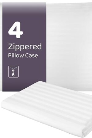 100% Cotton Pillow Case Protector with Zipper, Standard Size (20x26), 4 Pack, Long-Staple Sateen Soft Comfortable, Hotel Grade Bed Pillow Covers with Silent Zipper, White