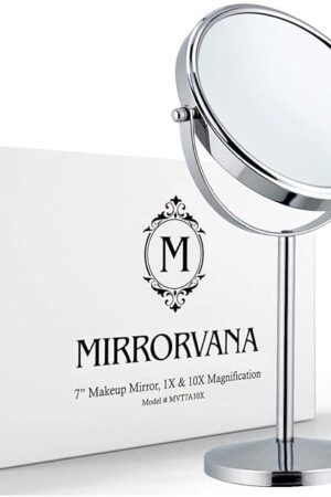 10X Magnifying Makeup Mirror on Round Stand for Tabletop, Bedroom Vanity Desk and Bathroom Counter - Free Standing Double Sided 10X/1X Magnification Mirror - 7" Wide and 14" Tall (Chrome)