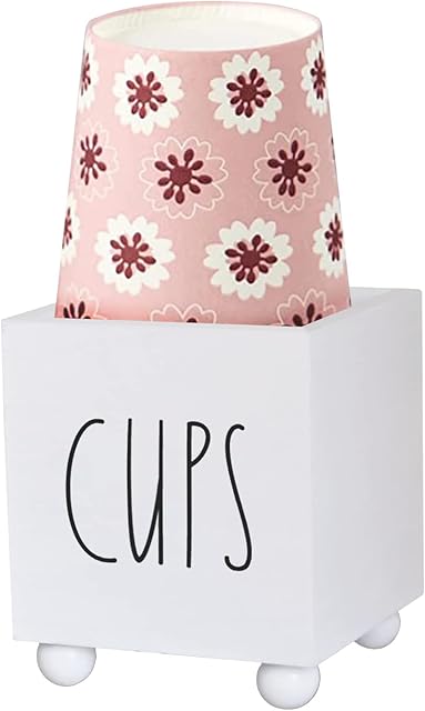 Bathroom Cup Dispenser, Farmhouse Dixie Cup Holder, 3 oz 5 oz Paper Mouthwash Cup Storage Box, Wooden Disposable Cup Caddy, Water Dispenser Cup Holder for Countertop (White)