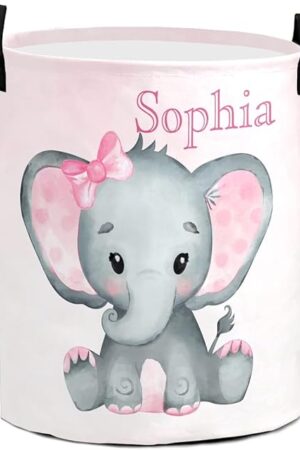Cute Elephant Gradient Large Laundry Basket Custom Name Foldable Clothes Bag Collapsible Fabric Laundry Hamper Folding Washing Bin for Gift