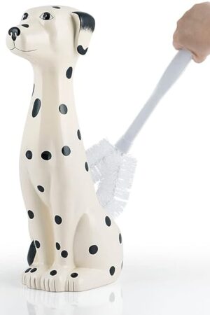 Allure Home Creation Dalmatian Dog White & Black 2-Piece Ceramic Toilet Brush Holder w/White Plastic Handled Scrub Brush, 9.4? x 5.3? x 16.7?