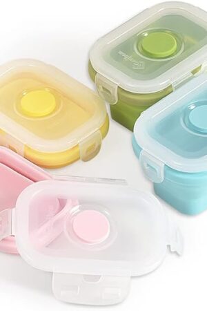 Collapsible Silicone Food Storage Container, Portion Control Container with Clip-on Lid, Stackable, Space Saving, Microwave/Fridge/Freezer/Dishwasher Safe, 5 Oz, Pack of 4