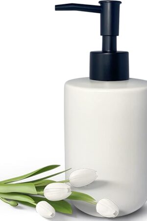 White Soap Dispenser with Matte Black Pump for Bathroom,Minimalist Modern Design Cylindrical Lotion Dispenser,12oz Ceramic Hand Dish Soap Dispenser,Refillable Liquid Dispenser for Kitchen (White)