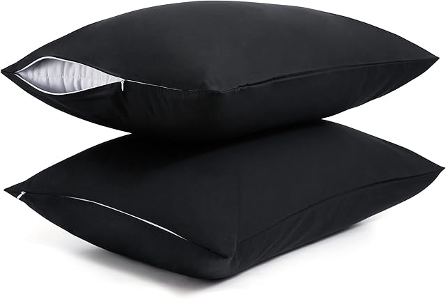 Cotton Pillow Protectors/Cases Queen Size with Zipper 2 Pack Black Color,Cooling & Breathable Bed Pillow Protectors Set of 2 Pillow Cases Cover (Queen Size 20" x 30")