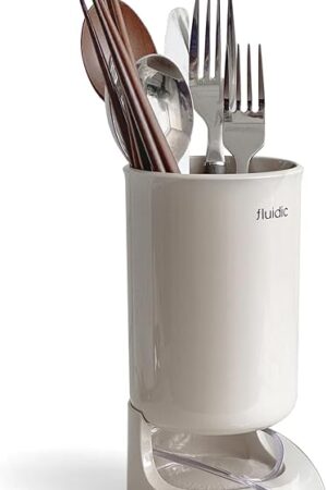 carrotez Utensil Drying Holder for Kitchen Counter, Self Draining, Small Utensil Cutlery Flatware Silverware Holder Drainer Cup, Beige, 1 ea