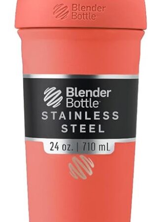 BlenderBottle Strada Shaker Cup Insulated Stainless Steel Water Bottle with Wire Whisk, 24-Ounce, Full Color Coral