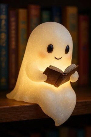 Cute Ghost Reading Book Lamp,Halloween Night Light,Warm LED Ghost Figurine for Home Decor,Battery-Powered Shelf & Mantel Decorations for Bedroom,Party(6Inch)