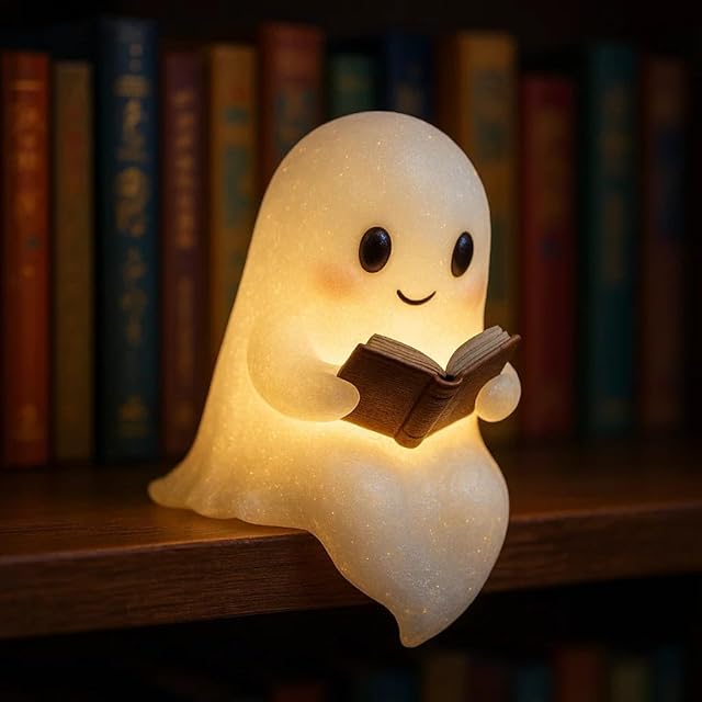 Cute Ghost Reading Book Lamp,Halloween Night Light,Warm LED Ghost Figurine for Home Decor,Battery-Powered Shelf & Mantel Decorations for Bedroom,Party(6Inch)