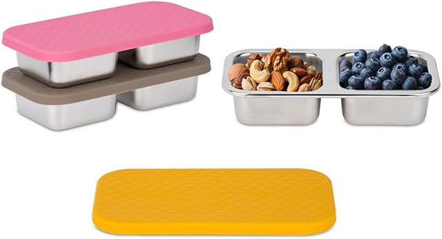3 Pack Stainless Steel Snack Containers, 2 Compartment Snack Containers with Lids, Reusable Food Storage Containers with Lids for Travel, Outdoor, Camping