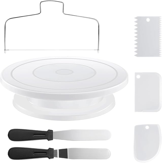 7PCS Cake Decorating Supplies Kit, Baking Supplies Set with Cake Turntable, Leverler, Straight & Offset Spatula and 3 Scrapers, Baking Accessories Tools for Beginners and Cake Lovers (7pcs Set)