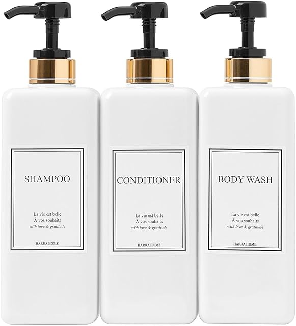 Modern Gold Design 27 oz Shampoo and Conditioner Dispensers - Plastic Refillable Pump Bottle Set for Bathroom Shower Soap Dispenser, Set of 3 (Black)