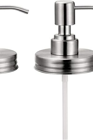 2 Pack Mason Jar Soap Dispenser Lids with Pumps, Rustproof Stainless Steel Lotion Dispenser Lids Replacement for 16 oz Regular Mouth Mason Jar Decor, 2 Brushes Included Silver