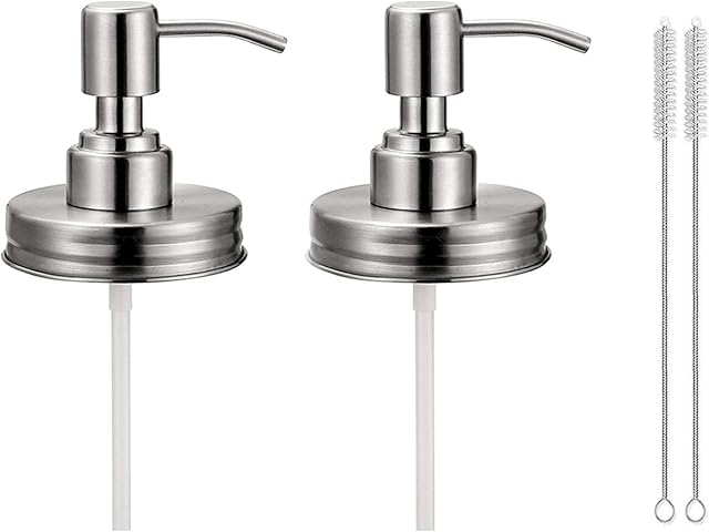 2 Pack Mason Jar Soap Dispenser Lids with Pumps, Rustproof Stainless Steel Lotion Dispenser Lids Replacement for 16 oz Regular Mouth Mason Jar Decor, 2 Brushes Included Silver