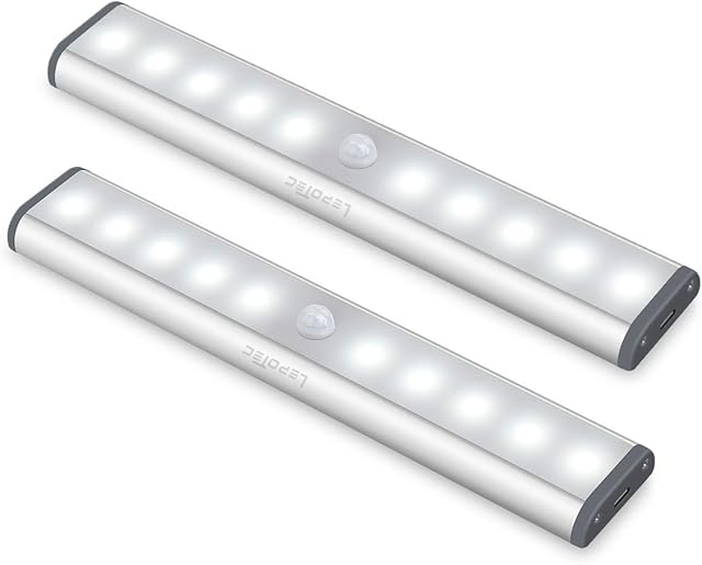Wireless Motion Sensor Cabinet Lights 10-LED USB Rechargeable Closet Lights LED Under Cabinet Lighting for Wardrobe/Drawer/Stairs/Cupboard/Counter/Pantry/Stairs,Stick On Anywhere,2 Pack,White Light
