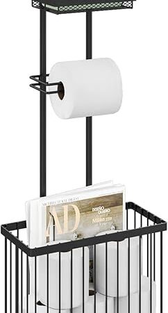 X-cosrack Freestanding Toilet Paper Holder Toilet Tissue Rack Scroll Stand Roll Dispenser with Storage Shelf Reserve for Phone Tablet Magazine Bathroom Organizer Bath Tissue Organizer (Black)
