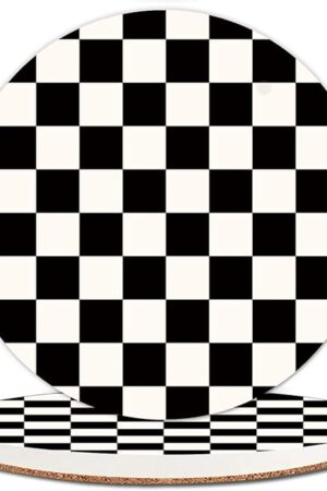 Absorbent Car Cupholder Coaster 2 Pack, Cute Car Coasters with a Finger Notch for Women & Men,2.56" Ceramic Stone & Non-Scratch Cork Base Drink Coasters (Checkerboard)