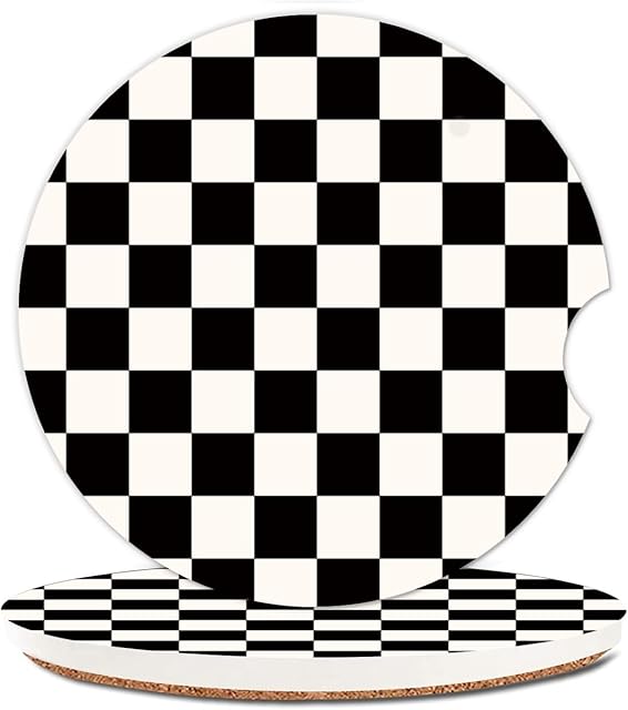 Absorbent Car Cupholder Coaster 2 Pack, Cute Car Coasters with a Finger Notch for Women & Men,2.56" Ceramic Stone & Non-Scratch Cork Base Drink Coasters (Checkerboard)