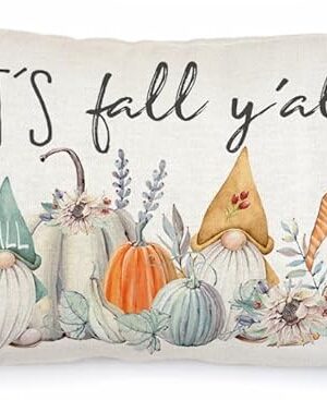 AACORS Fall Pillow Cover 12x20 Inch Pumpkin Gnomes It's Fall Y'all Floral Autumn Thanksgiving Decor Farmhouse Outdoor Lumbar Pillow Case for Home Sofa Couch AA180-12