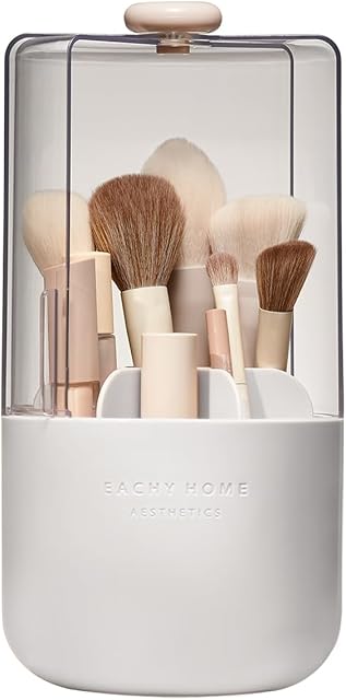EACHY Makeup Brush Holder 360° Rotating with Dustproof Lid, Waterproof Material, 7 Compartments for Organized Storage, Stylish and Durable Design for Vanity (White)