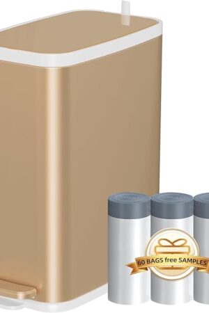 Champagne Gold Bathroom Trash Can with Lid Soft Close,1.6 Gallon Slim Garbage can,Small Metal Step Wastebasket for Office, Bedroom, Toilet, Live Room
