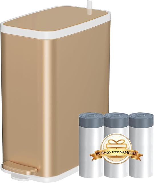 Champagne Gold Bathroom Trash Can with Lid Soft Close,1.6 Gallon Slim Garbage can,Small Metal Step Wastebasket for Office, Bedroom, Toilet, Live Room