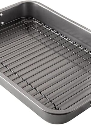 Chef Pomodoro Nonstick Carbon Steel Large Roasting Pan with Rack, Turkey Roasting Pans for Oven, Roaster Pan with Flat Rack, Turkey Pan for Oven, Bakeware Grey