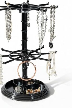 2 Tier Rotating Jewelry Display Stand, Necklace Holder, Jewelry Tree Stand, DIY Organizer for Bracelets, Necklaces, Earrings, Rings, Watches (Black)