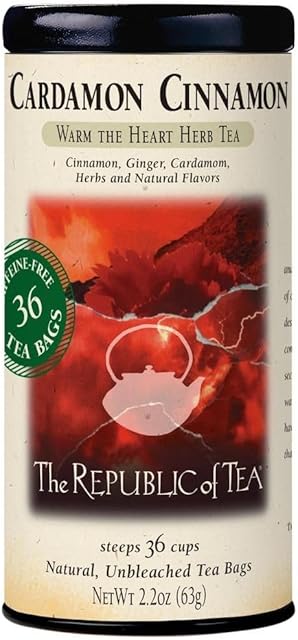 The Republic of Tea Cardamon Cinnamon Herbal Tea, 36 Tea Bag Tin | Naturally Caffeine-Free