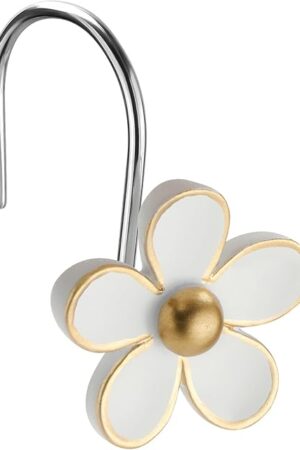 Cute Flower Shower Curtain Hooks, Pretty Floral Themed Elegant Bathroom Decor, Gold/White
