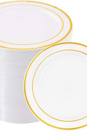bUCLA 100Pieces Gold Plastic Plates - 6.25inch White with Gold Rim Disposable Salad/Dessert/Appetizer/Small Cake Plates Premium Hard - Ideal for Wedding & Party