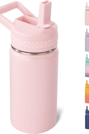 12 oz Toddler Bottle, Kids Water Bottle for School Boys&Girls with Straws Lids, 304 Stainless Steel Vacuum Insulated Thermos, BPA-Free, Pink