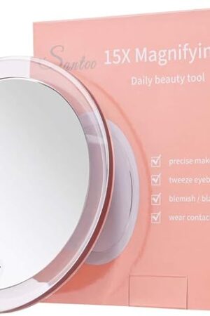 15X Magnifying Mirror - with 3 Mounting Suction Cups - Used for Precise Makeup - Eyebrows/Tweezing - Blackhead/Blemish Removal - Bathroom/Travel Makeup Mirror - 6 Inch Round (Rose Gold)