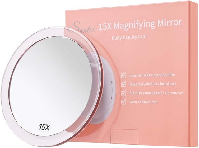 15X Magnifying Mirror - with 3 Mounting Suction Cups - Used for Precise Makeup - Eyebrows/Tweezing - Blackhead/Blemish Removal - Bathroom/Travel Makeup Mirror - 6 Inch Round (Rose Gold)