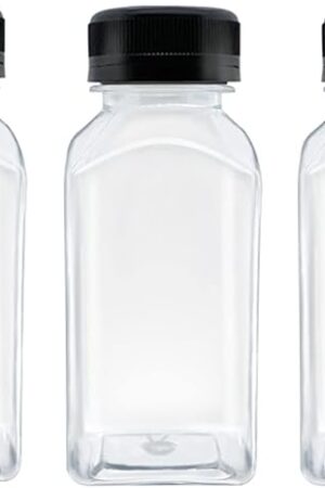 3 Pcs 8 Ounce Plastic Juice Bottles, Reusable Bulk Beverage Containers for Juice, Milk and Other Beverages, Black lid