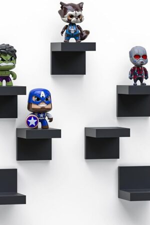 7-Pack Small Floating Shelves for Wall by RicherHouse, Plastic Black Shelf 4 Inch Display Ledges Room Decor, Mini with 2 Types of Installation (Adhesive or Screw)