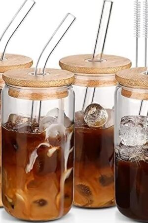 DWTS DANWEITESI Glass Cups with Lids and Straws, 4 pcs, 16oz | Reusable Tumblers | for Coffee Bar | Iced Coffee Cups | Drinking Glasses Set | for Gifts