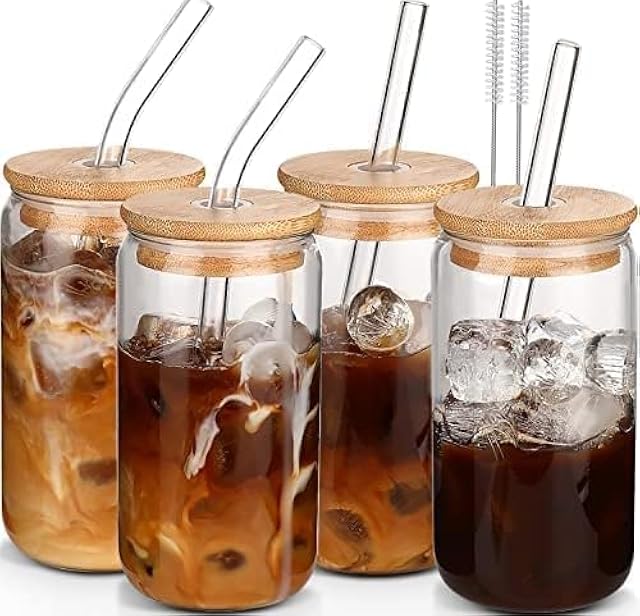 DWTS DANWEITESI Glass Cups with Lids and Straws, 4 pcs, 16oz | Reusable Tumblers | for Coffee Bar | Iced Coffee Cups | Drinking Glasses Set | for Gifts