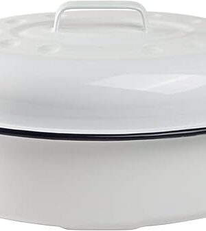 Webake Enameled Roasting Pan with Lid, Covered Roaster Pan Oval Pot Enamelware Cookware, 15.5 Inch, Vintage Farmhouse White