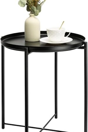 danpinera Metal Black Side Table for Small Spaces Outdoor Patio Table Round Metal Coffee Table Waterproof Removable Tray Table for Living Room Bedroom Balcony Office Black