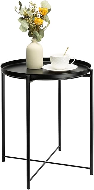danpinera Metal Black Side Table for Small Spaces Outdoor Patio Table Round Metal Coffee Table Waterproof Removable Tray Table for Living Room Bedroom Balcony Office Black