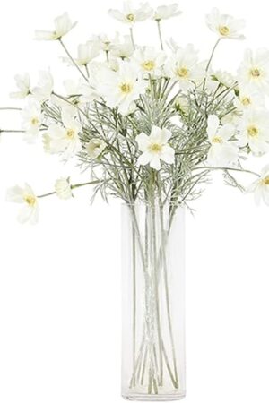 2 Pcs Artificial Fake Flowers Plants Cosmos Silk Flower Arrangements Wedding Bouquets Decorations Plastic Floral Table Centerpieces for Home Kitchen Garden Party Decor Approx 23.6'' High - White