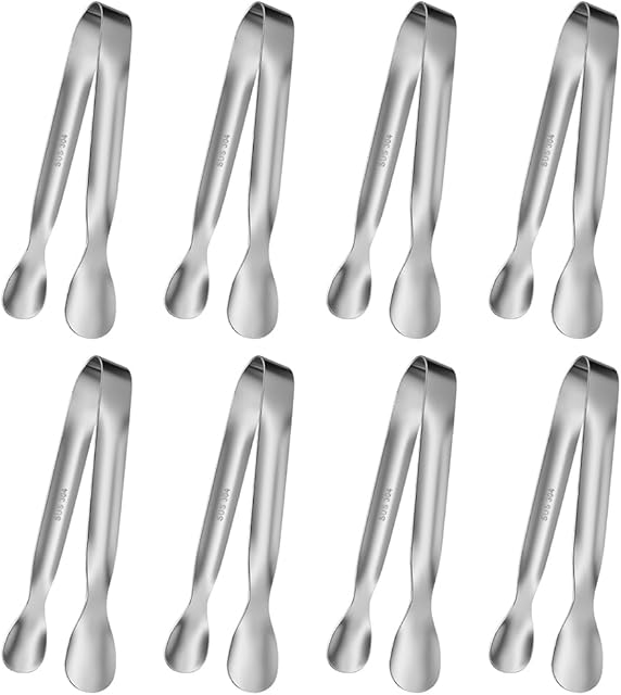 8 PCS Tiny Serving Tongs, Small 304 Stainless Steel Serving Utensils for Parties Catering, Appetizers, Tea Party, Coffee Bar, Mini Tongs for Ice, Sugar Cube, Desserts (4.3"-Silver)