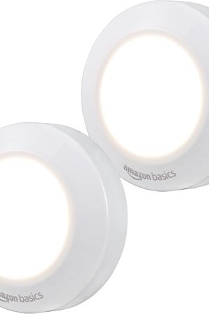 Amazon Basics LED Puck Lights, Battery Operated, 50 Lumens 2 Pack, Tap Light, Stick on Lights, Under Cabinet Lighting, Ideal for Kitchen Cabinets, Closets, Garage and More, White