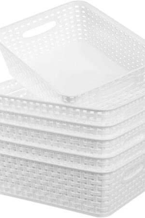 White Plastic Woven Storage Baskets, 6-Pack Weave Basket Organizer for Kitchen Office Bathroom