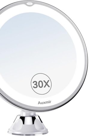 2025 Upgraded 30X Magnifying Mirror with Light, Makeup Mirror with 2-Level Lights, Vanity Mirror with Power Suction Cup and Tweezers, 360° Swivel, Portable Bathroom Mirror for Home Travel