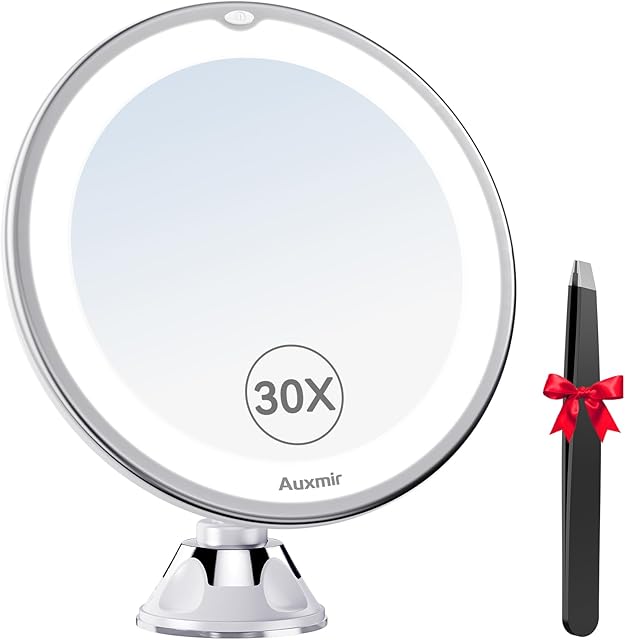 2025 Upgraded 30X Magnifying Mirror with Light, Makeup Mirror with 2-Level Lights, Vanity Mirror with Power Suction Cup and Tweezers, 360° Swivel, Portable Bathroom Mirror for Home Travel