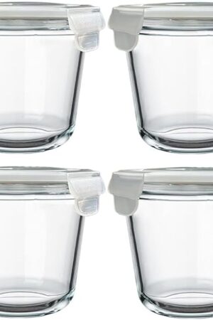 24 Oz Glass Food Storage Container, 3 Cup Round Glass Soup Container with Airtight Lids, Round Food Containers, Leakproof Soup Storage Container, DishwasherMicrowave & Freezer Safe (4 Pack)